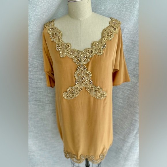 Luxury Silk Mini Tunic Dress with Crystals and gold embroidery , Handmade S-M - Picture 7 of 17